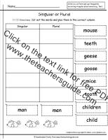 Singular and Plural Nouns Worksheets from The Teacher's Guide