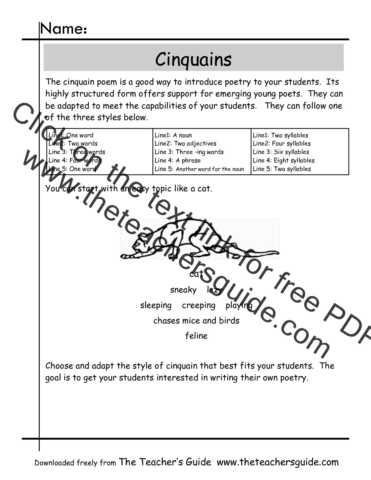 Cinquain Poems Worksheets From The Teacher s Guide