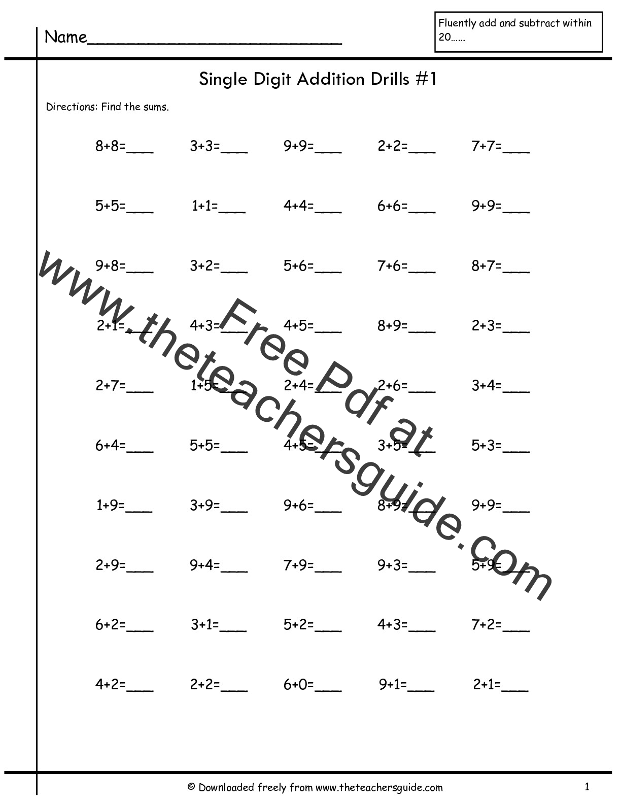 Single Digit Addition Fluency Drills From The Teacher s Guide